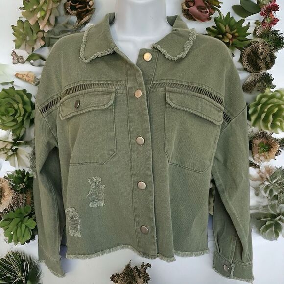 NWT Blue B Collection Women's Distressed Twill Cropped Olive Jacket Size Small - Picture 1 of 6